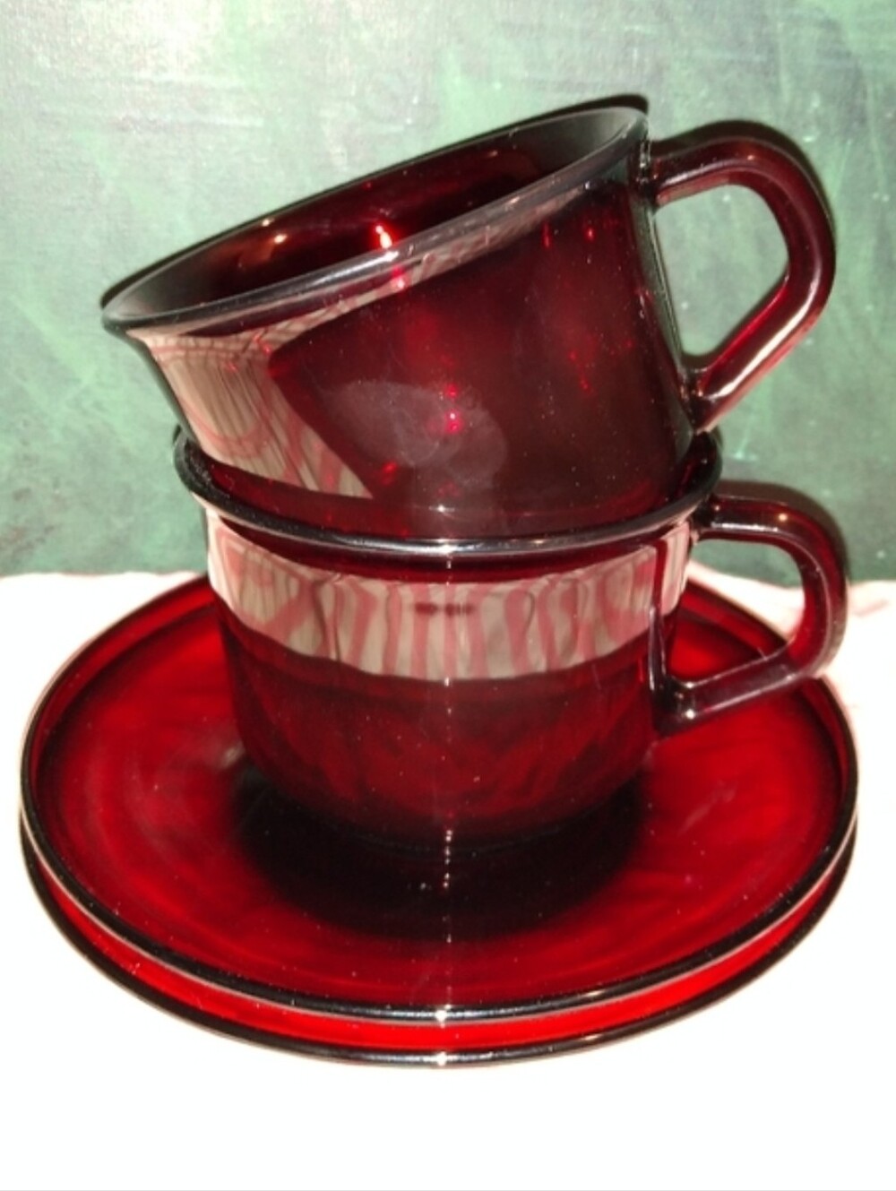 French Vintage Ruby Red MCM Glass Cups and Saucers Set Tea Coffee Arcoroc France